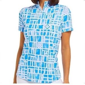 IBKUL ‘Out of the Box’ Blue Geometric Print 1/4 Zip Short Sleeve Top, EUC, Sz S